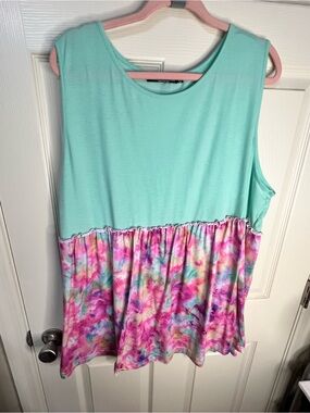 Sleeveless Mint & Pink Tie-Dye Peplum Tank Top